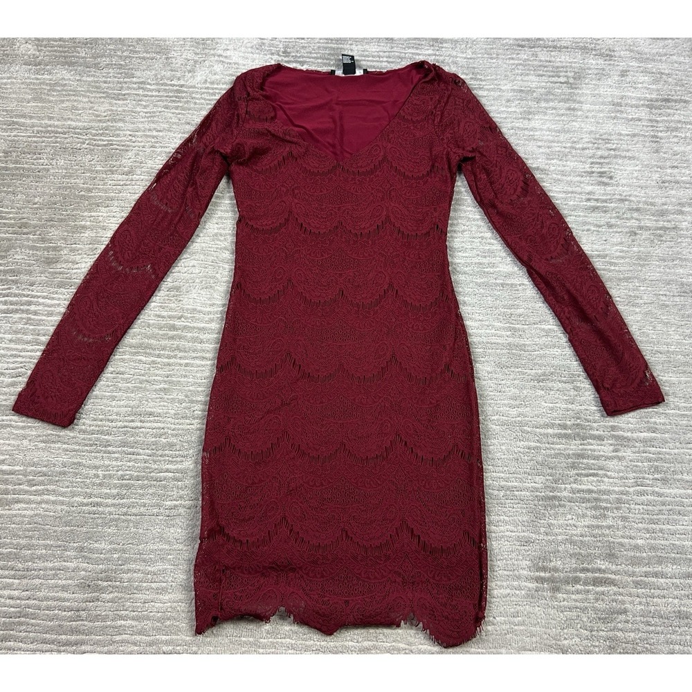 Forever 21 Dress Womens Small Red V-Neck Lace Lined Long Sleeve Mini
